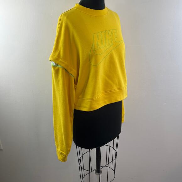NIKE Yellow Green Cropped Sweatshirt Cotton Snap Detachable Sleeve Size Medium M - Picture 9 of 14
